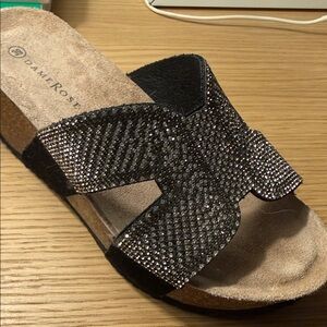 Black and Silver Italian Women's Slide Sandals with sparkle top NEW